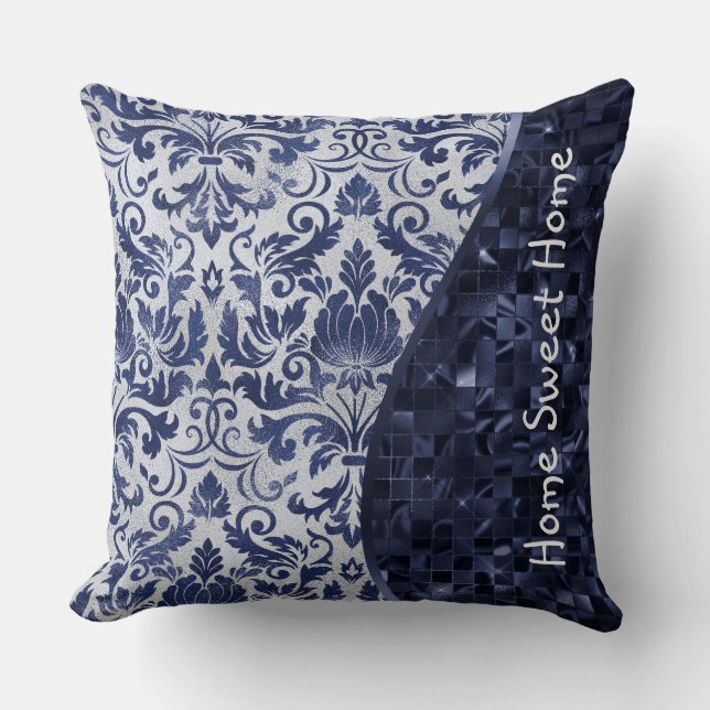 Blue Damask Pattern Glam Glitter Personalized Throw Pillow (Front)