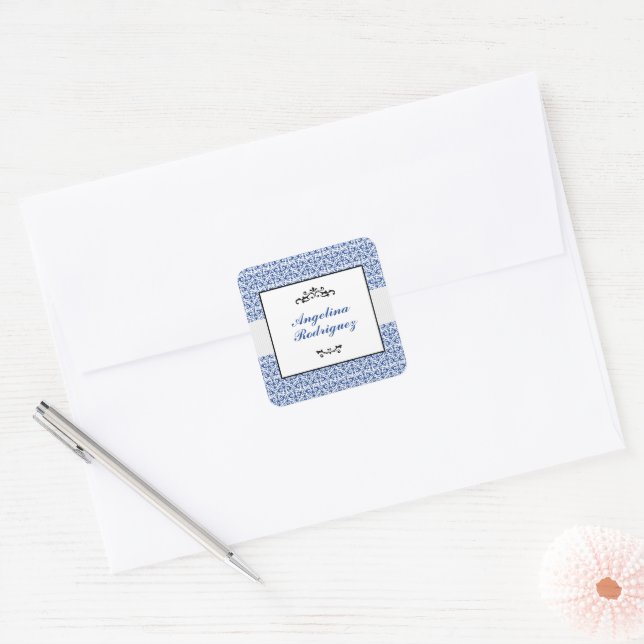 Blue Damask Pattern Graduation Square Sticker (Envelope)