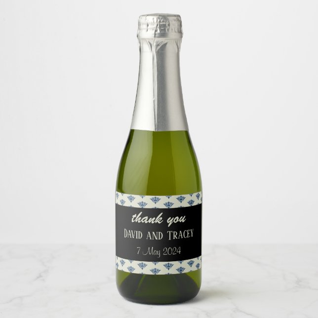 Blue damask pattern gray wedding sparkling wine label (Front)