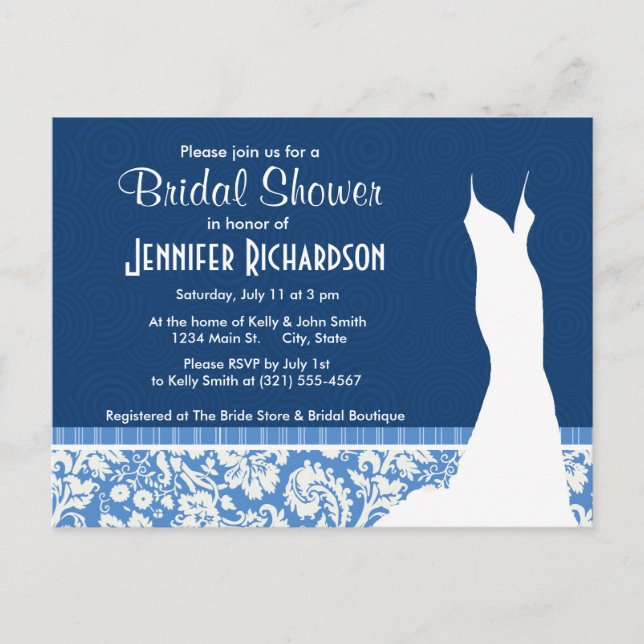 Blue Damask Pattern Invitation Postcard (Front)