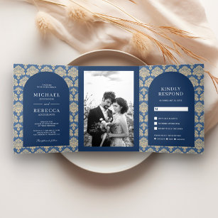 Blue Damask Pattern Moroccan Arch Wedding Photo Tri-Fold Invitation