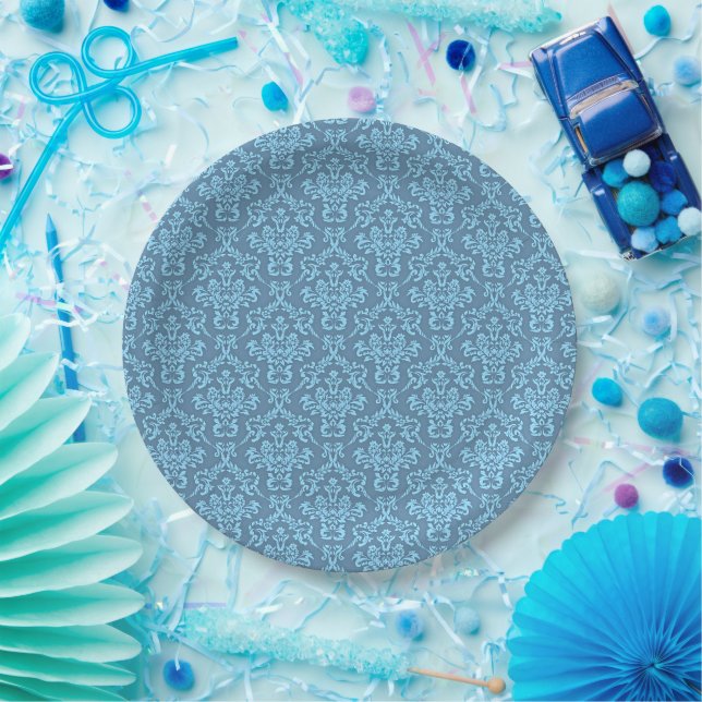Blue Damask Pattern Paper Plates (Party)