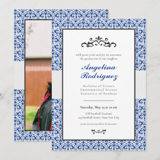 Blue Damask Pattern Photo Graduation Invitation