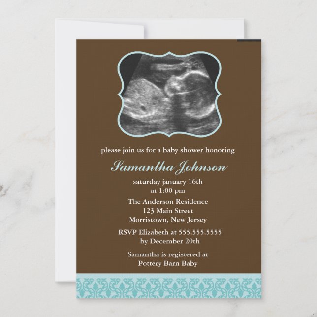 Blue Damask Pattern Sonogram Baby Shower Invitation (Front)