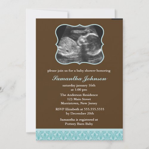 Blue Damask Pattern Sonogram Baby Shower Invitation