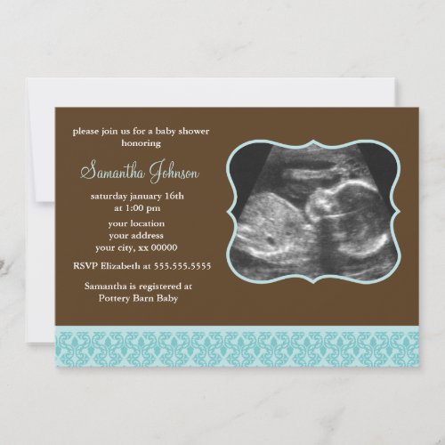 Blue Damask Pattern Sonogram Baby Shower Invitation