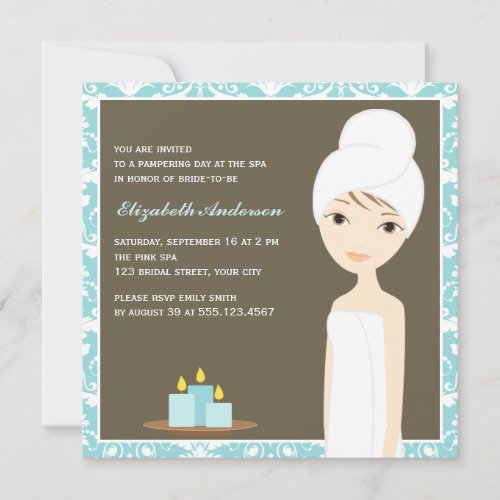 Blue Damask Pattern Spa Bridal Shower Invitation