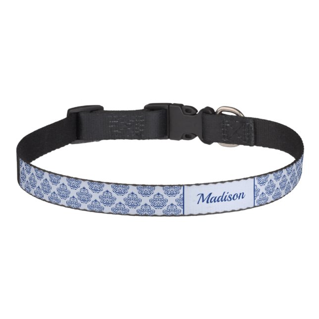 Blue Damask Pattern With Custom Pet Name Collar (Front)