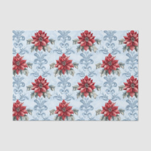 Blue Damask Pattern with Red Poinsettia Flowers Tissue Paper