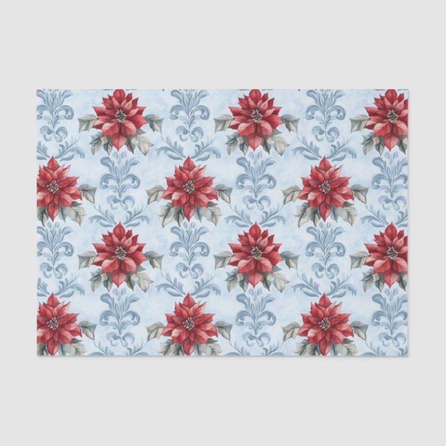 Blue Damask Pattern with Red Poinsettia Flowers Tissue Paper (Front)