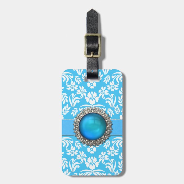 Blue Damask Personalized Luggage Tag (Front Vertical)