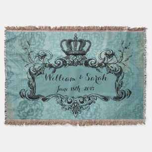 Blue Damask Personalized Wedding Royal Crown Throw Throw Blanket