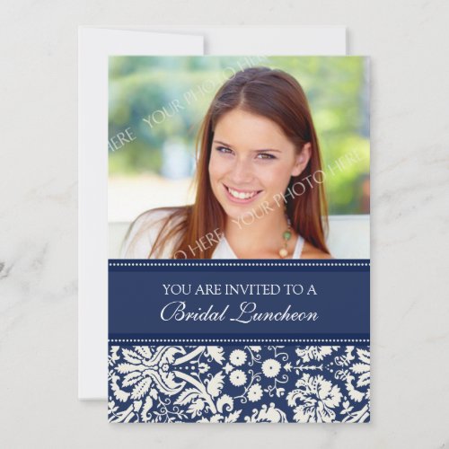 Blue Damask Photo Bridal Luncheon Invitation Card