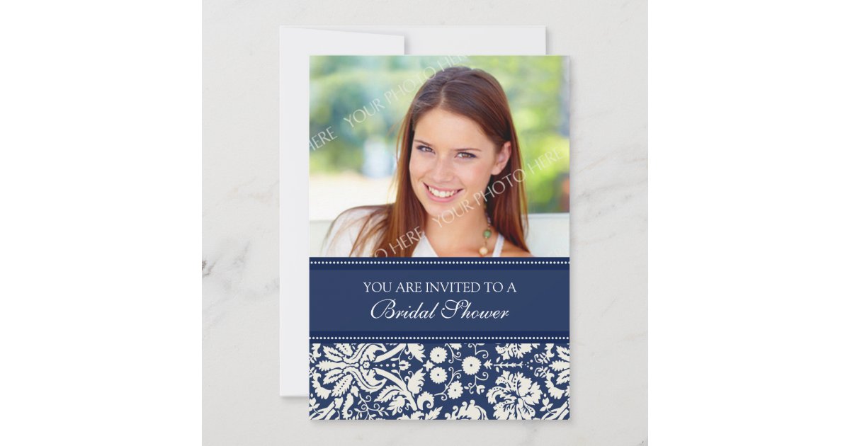 Blue Damask Photo Bridal Shower Invitation Card | Zazzle