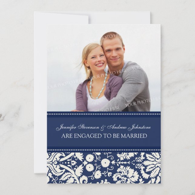Blue Damask Photo Engagement Announcement Cards (Front)