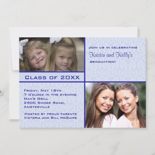 Blue Damask Photo Graduation Invitation