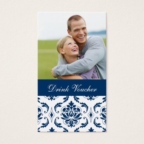 Blue Damask Photo Wedding Drink Voucher Business Card
