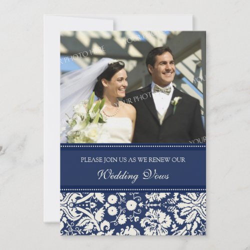 Blue Damask Photo Wedding Vow Renewal Invitations