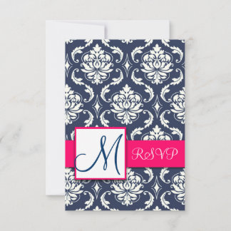 Blue Damask Pink RSVP Cards for Square Invites