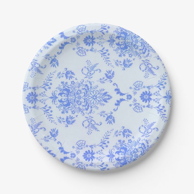 Blue Damask Pretty Print Paper Plates (Front)