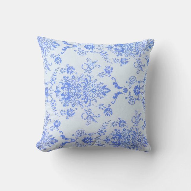 Blue Damask Pretty Print Throw Pillow (Front)