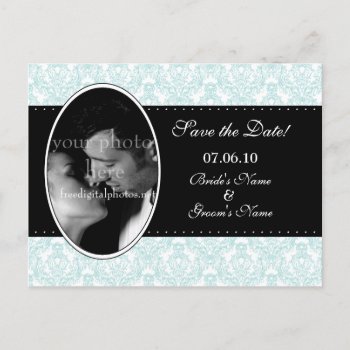 Blue Damask Save The Date Announcement Postcard by designaline at Zazzle