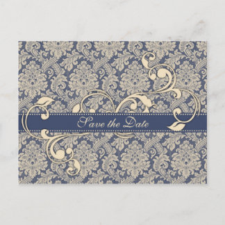 Blue Damask Save the Date Postcard - TBA