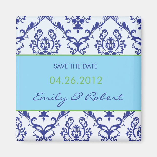 Blue Damask save the date wedding magnet (Front)