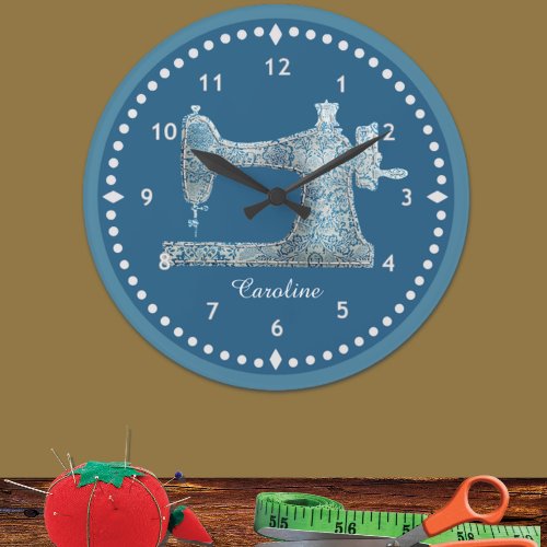 Blue Damask Sewing Machine Clock