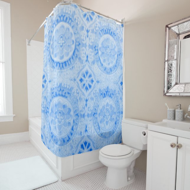Blue Damask Shower Curtain (In Situ)