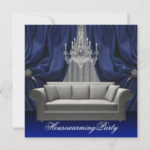 Blue Damask Sofa Chandelier Housewarming Party Invitation