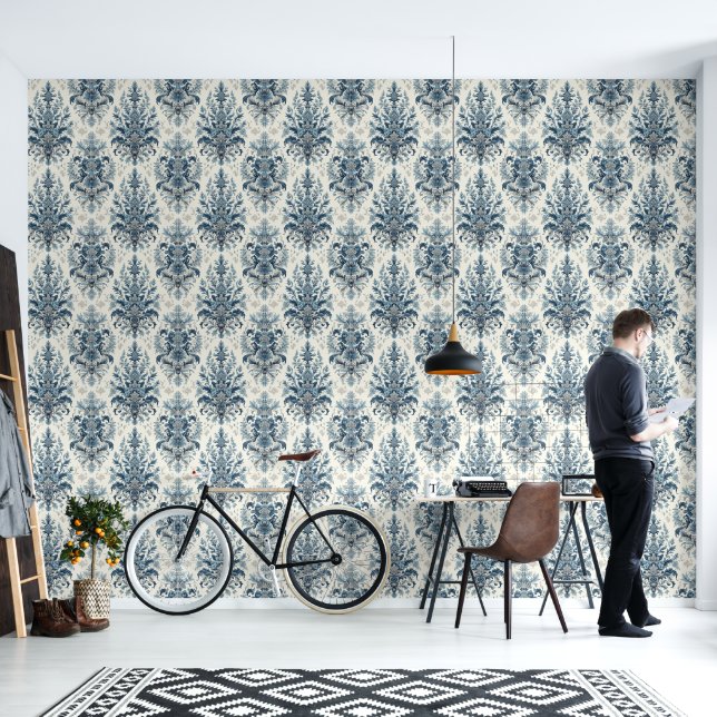 Blue Damask Style Wallpaper (Living Room)
