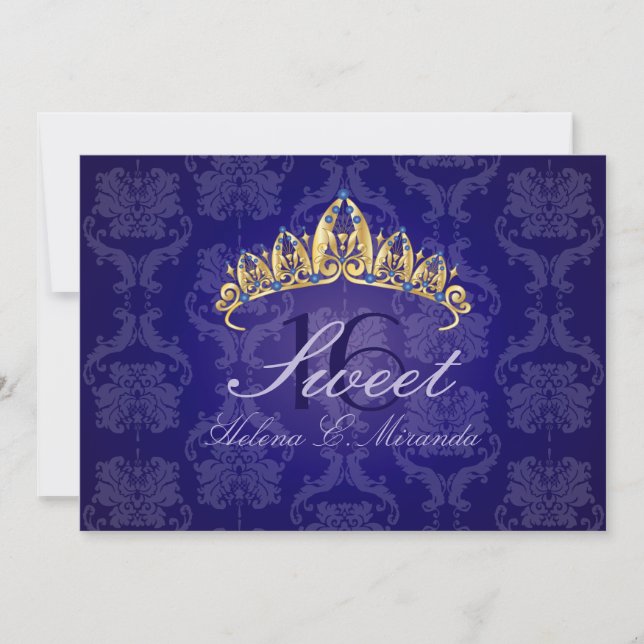 Blue Damask Sweet 16/ tiara/indigo invitations (Front)