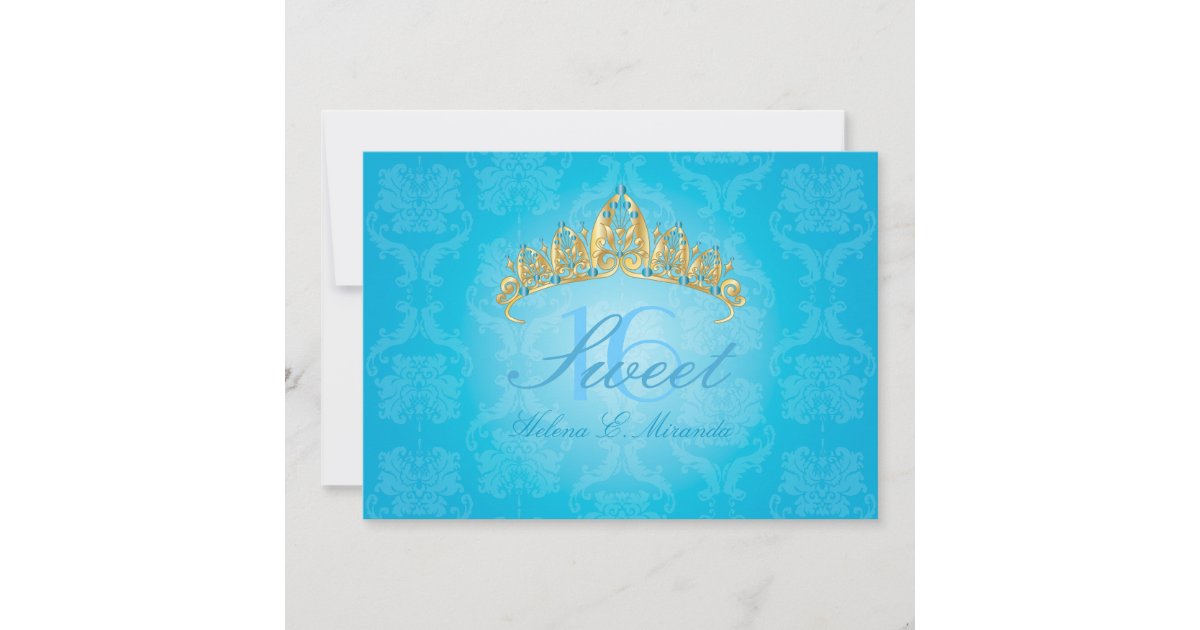 Blue Damask Sweet 16 Tiara Turquoise Invitations Zazzle