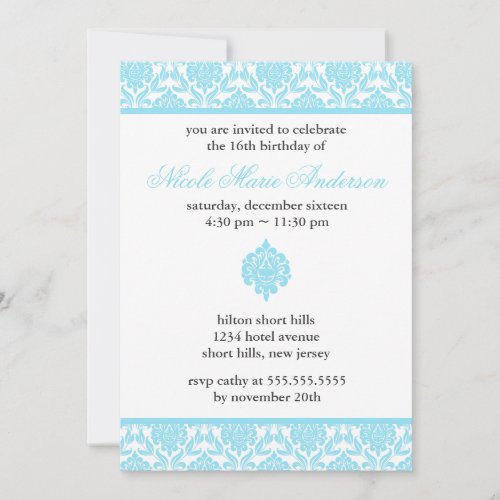 Blue Damask Sweet Sixteen Invitations