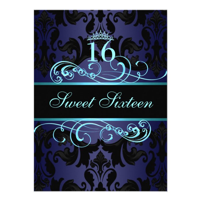 Blue Damask & Swirl Sweet16 Birthday Invite