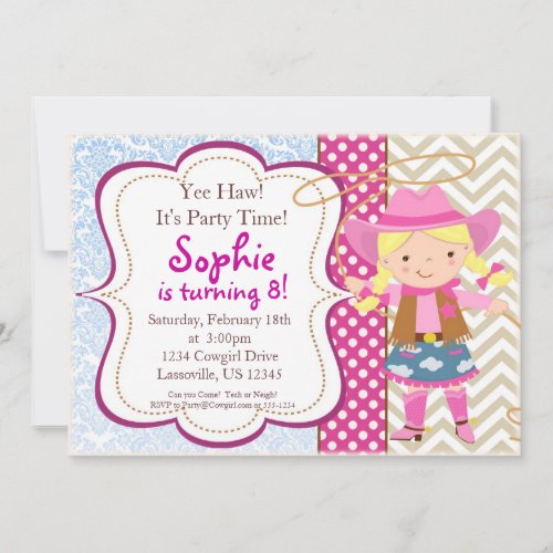 Blue Damask, Tan Chevron Cowgirl Birthday Party Personalized Invite