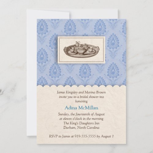 Blue damask tea party invitation