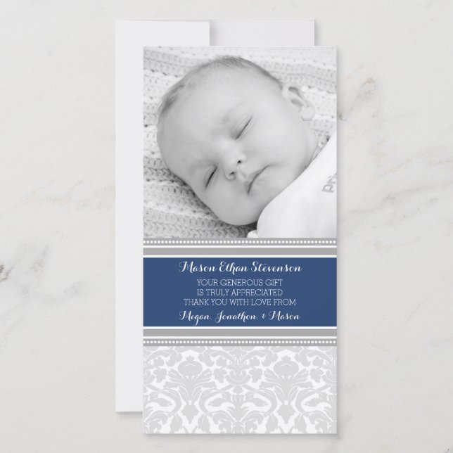 Blue Damask Thank You Baby Shower Photo Cards (Front)