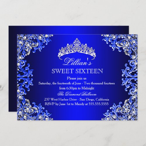 Blue Damask Tiara Sweet 16 Invitation