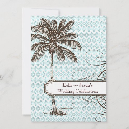 Blue Damask Tropical Palm Wedding Invitation