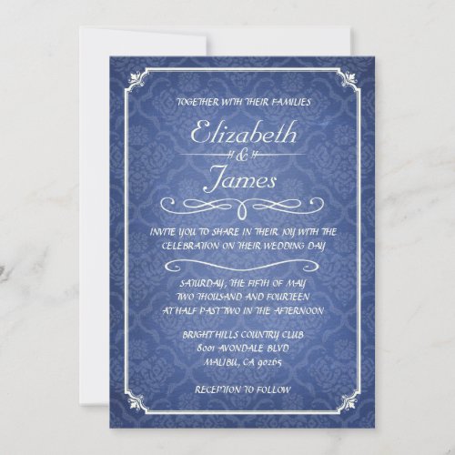 Blue Damask Vintage Chalkboard Wedding Invitations