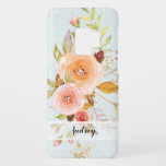 Blue Damask w Peach Floral Roses n Leaf Foliage Case-Mate Samsung Galaxy S9 Case<br><div class="desc">Elegant pale pastel blue with white damask pattern in the background.  A trendy colored,  hand painted watercolor bouquet featuring roses and flower buds with fall leaves and greenery foliage.  Your name or message over a sheer white background.</div>