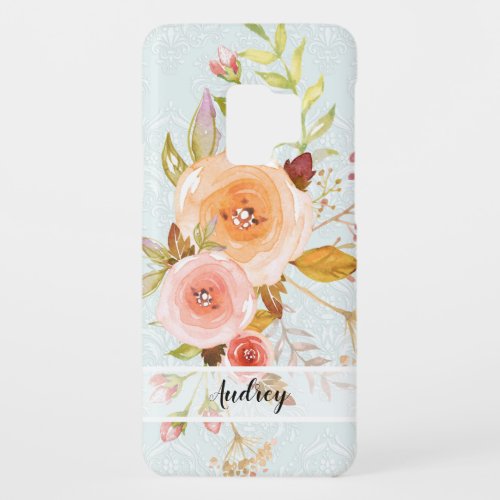 Blue Damask w Peach Floral Roses n Leaf Foliage Case_Mate Samsung Galaxy S9 Case