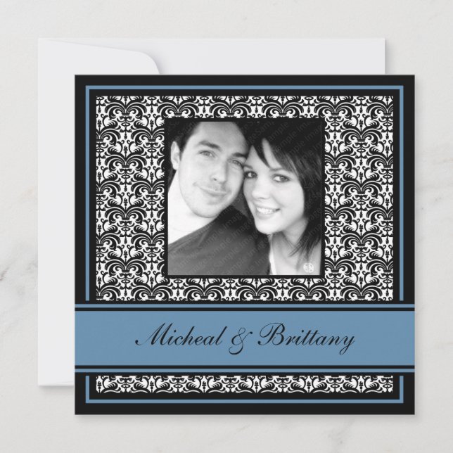 Blue Damask Wedding Engagement Announcement (Front)