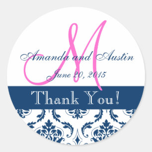 Blue Damask Wedding Favor Sticker