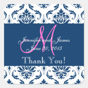 Blue Damask Wedding Favor Thank You Square Sticker