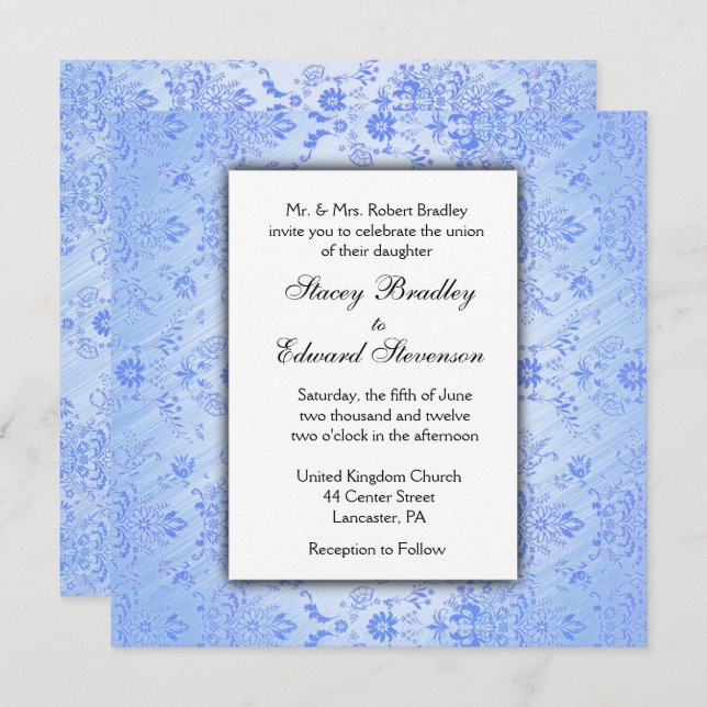 Blue Damask Wedding Invitation (Front/Back)