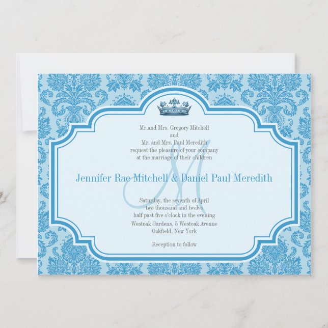 Blue Damask Wedding Invitations Monogram M (Front)