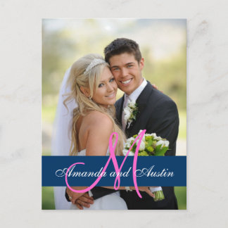 Blue Damask Wedding Photo Thank You Postcard